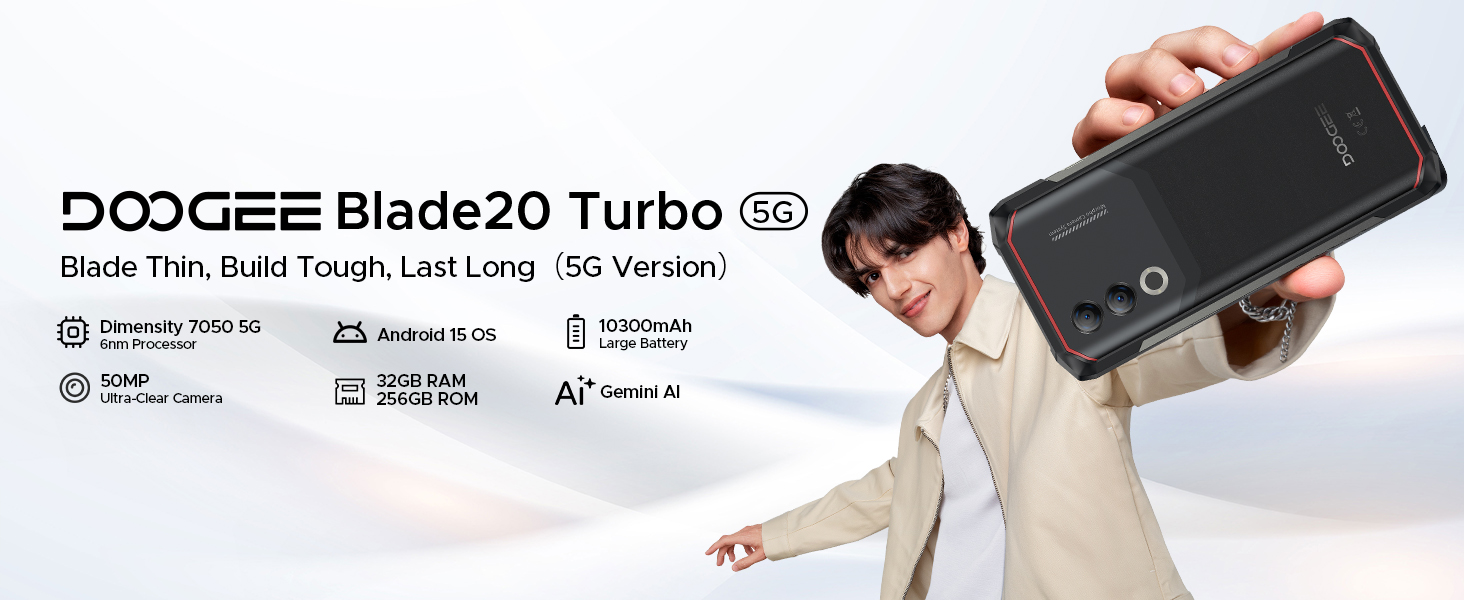 Smartphone rugerizado Doogee Blade 20 Turbo en color negro mostrando su diseño ultradelgado y futurista en un entorno técnico.