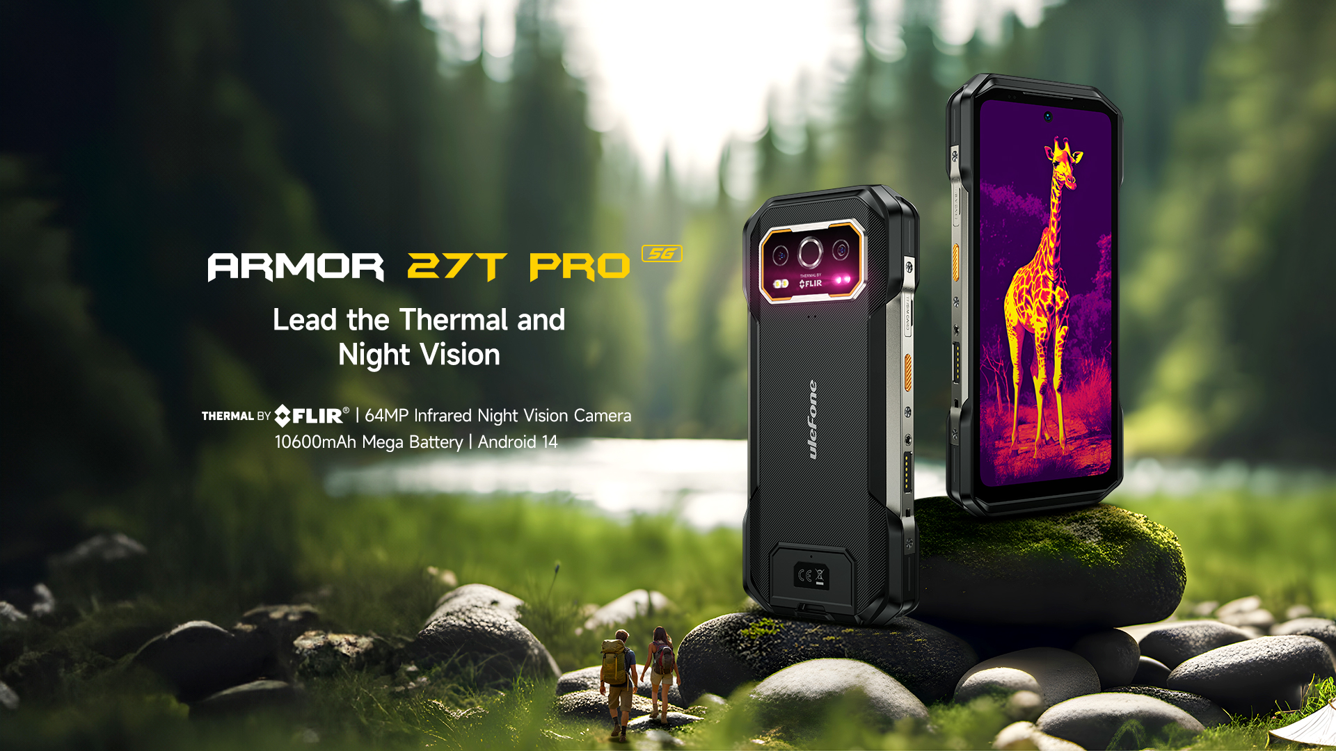 Smartphone rugerizado Ulefone Armor 27T Plus en negro mostrando su cámara térmica FLIR integrada y su diseño robusto.