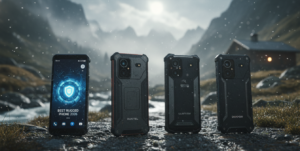 Comparativa de los mejores móviles rugerizados de 2026 mostrando modelos de Oukitel, Ulefone, Blackview y Doogee en un entorno extremo.