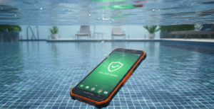 Un móvil resistente al agua de la marca Oukitel sumergido en una piscina cristalina, demostrando su estanqueidad IP68.